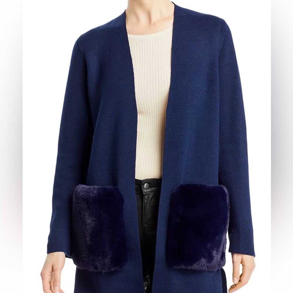 🫐🪁🛜🥿Saks Fifth Avenue Navy Open Front Duster with Faux Fur Pocket Detail